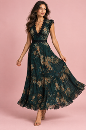 Robe longue fleurie vert foncé à col V et volants | Vue de face | Lounelle Paris