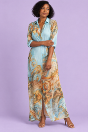Robe-chemise midi imprimée bleu clair | Vue de face | Lounelle Paris