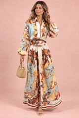 Completo multicolore stampato con camicia e gonna lunga