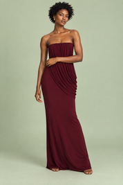 Robe longue bordeaux à col montant et détails volantés | Vue de face | Lounelle Paris