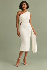 Robe midi blanche à encolure asymétrique avec ceinture | Vue de face | Lounelle Paris