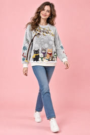 Pull oversize gris à motif chat | Vue en mouvement | Lounelle Paris