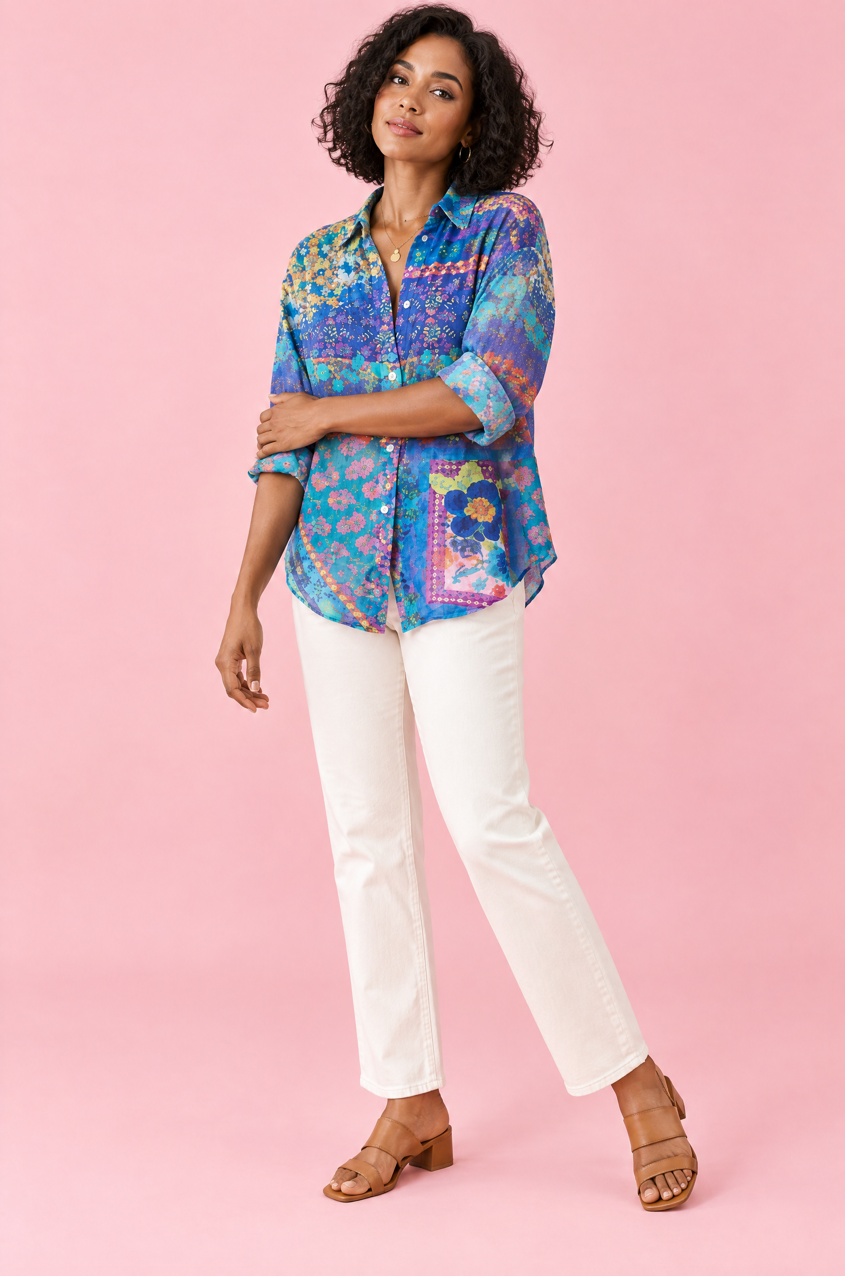 Chemise longue fleurie bleue à col | Vue de dos | Lounelle Paris