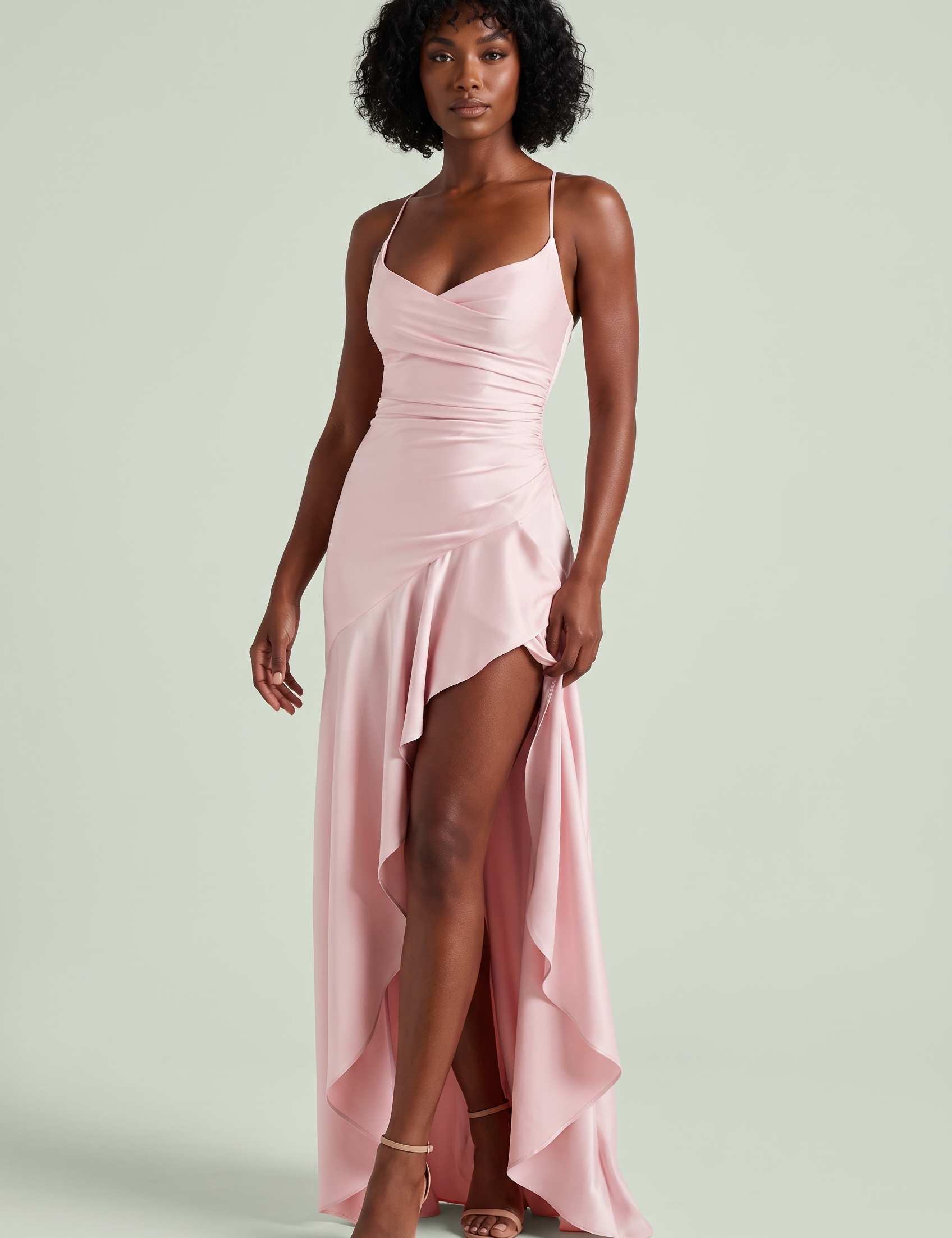 Robe longue rose satinée asymétrique à une épaule et dos ouvert | Vue de face | Lounelle Paris