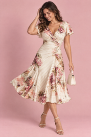 Robe midi ivoire fleurie froncée à col V | Porté sur une autre silhouette | Lounelle Paris