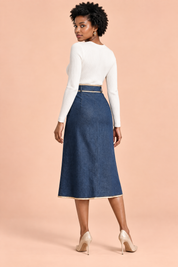 Jupe crayon midi bleue taille haute | Vue de dos | Lounelle Paris