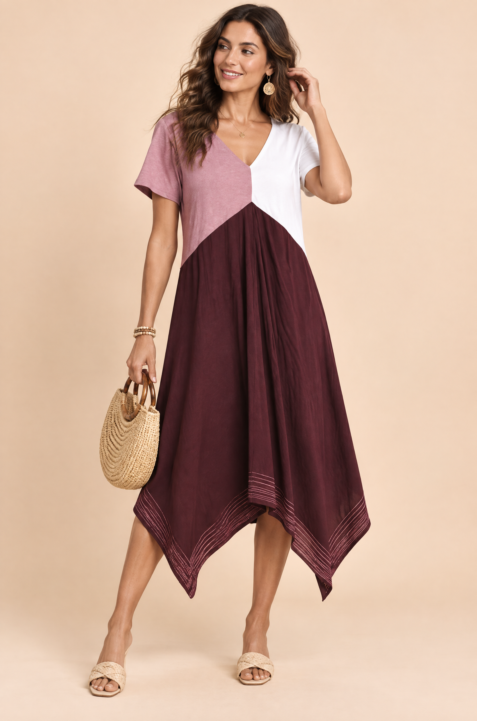 Robe midi bordeaux asymétrique à col V | Vue de face | Lounelle Paris