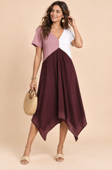 Abito midi bordeaux asimmetrico con scollo a V
