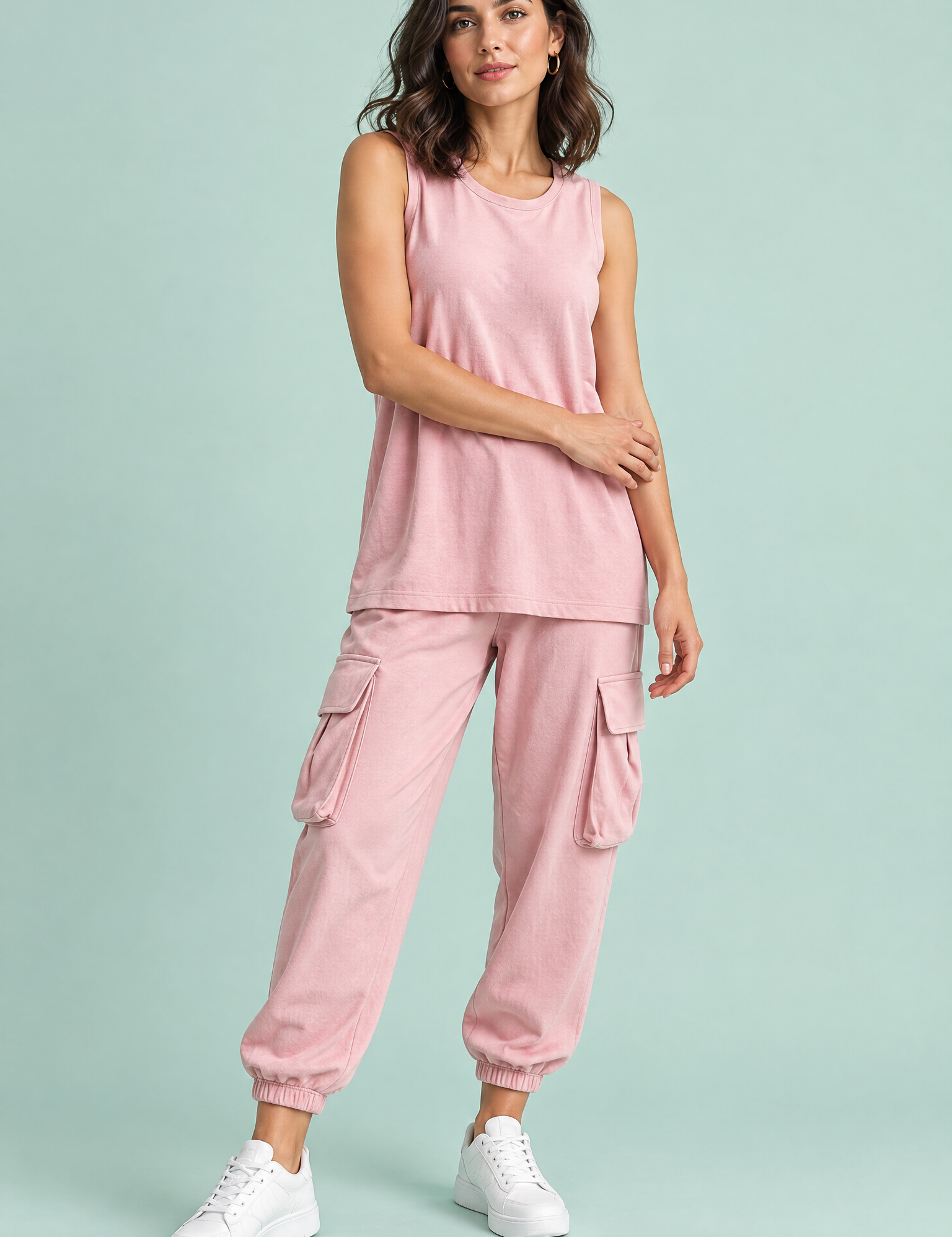 Ensemble deux pièces fluide avec débardeur et pantalon – rose | Vue de face | Lounelle Paris