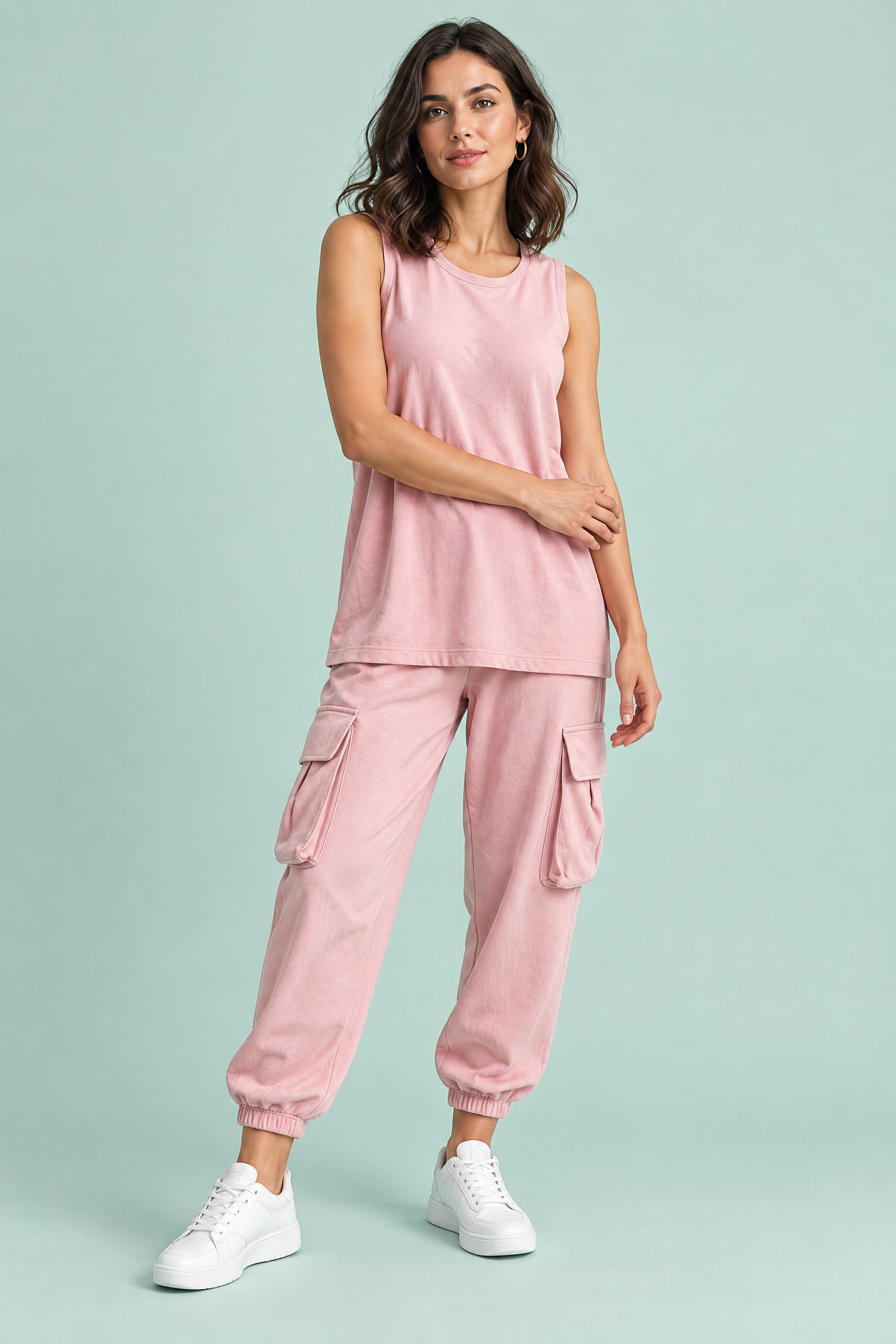 Ensemble deux pièces fluide avec débardeur et pantalon – rose | Vue de face | Lounelle Paris