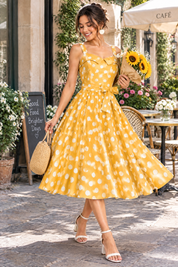 Robe midi jaune à pois et encolure carrée | Photo lifestyle | Lounelle Paris