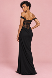 Robe longue noire en dentelle froncée | Vue de dos | Lounelle Paris