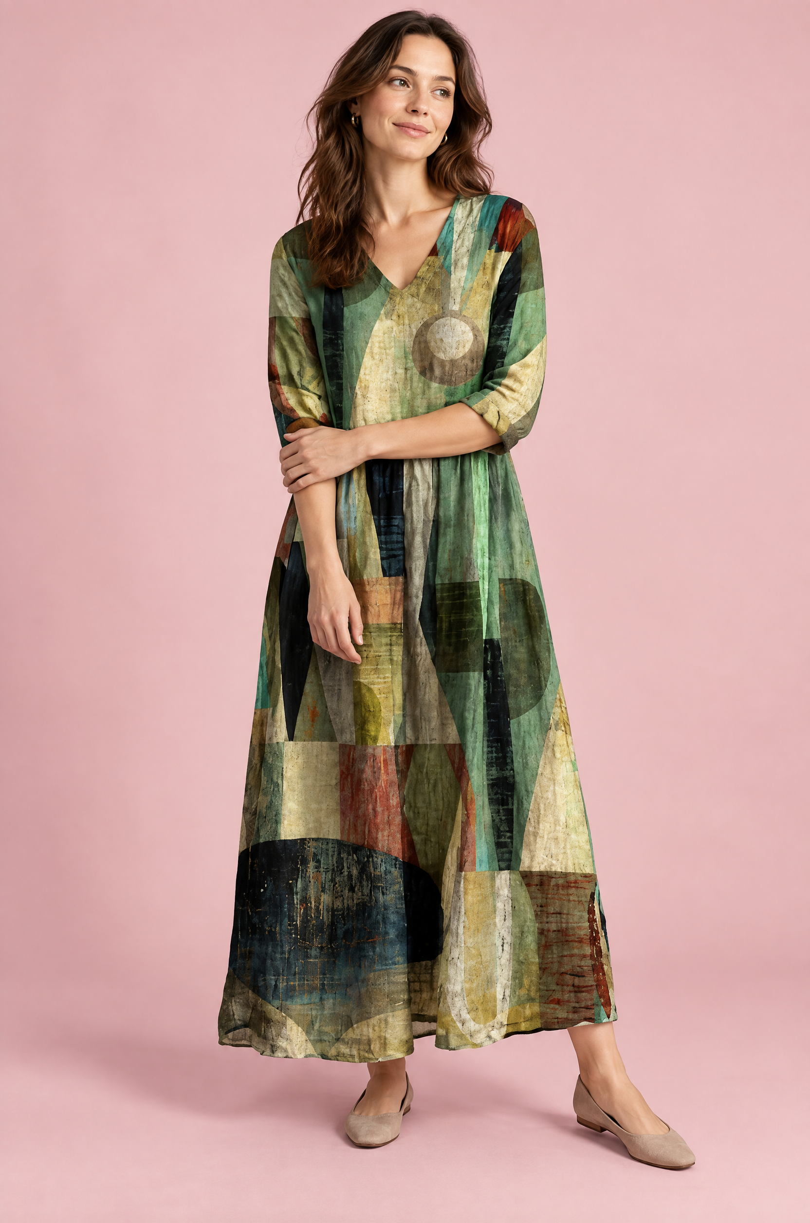 Robe verte fluide à col en V | Vue de face | Lounelle Paris