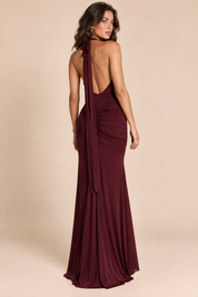 Robe longue bordeaux froncée à col dos nu | Vue de dos | Lounelle Paris