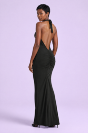 Robe longue noire à décolleté plongeant avec gants | Vue de dos | Lounelle Paris