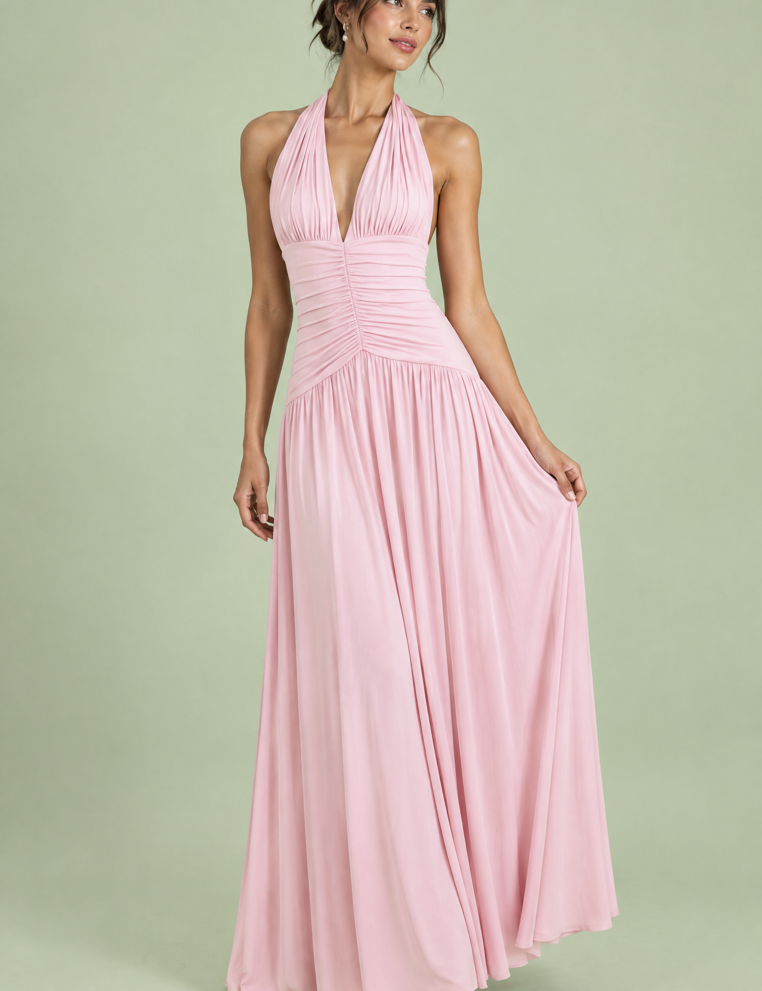 Robe longue rose poudré à décolleté plongeant et fronces | Vue de face | Lounelle Paris