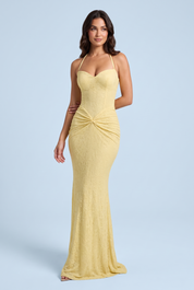 Robe longue jaune froncée à décolleté cœur | Vue de face | Lounelle Paris