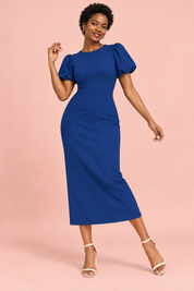 Robe midi bleu marine à manches bouffantes | Vue en mouvement | Lounelle Paris