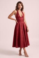 Abito midi bordeaux svasato in pizzo floreale con scollo a V