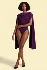 Body viola aderente con arricciature e scollo drappeggiato