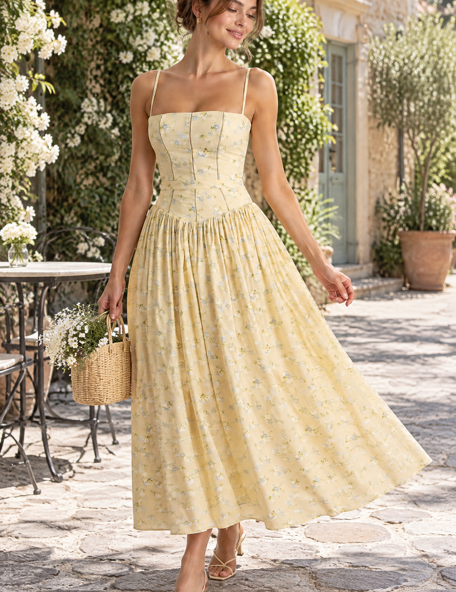 Robe longue jaune à corset | Photo lifestyle | Lounelle Paris