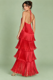 Robe longue rouge dos nu à franges superposées | Vue de dos | Lounelle Paris