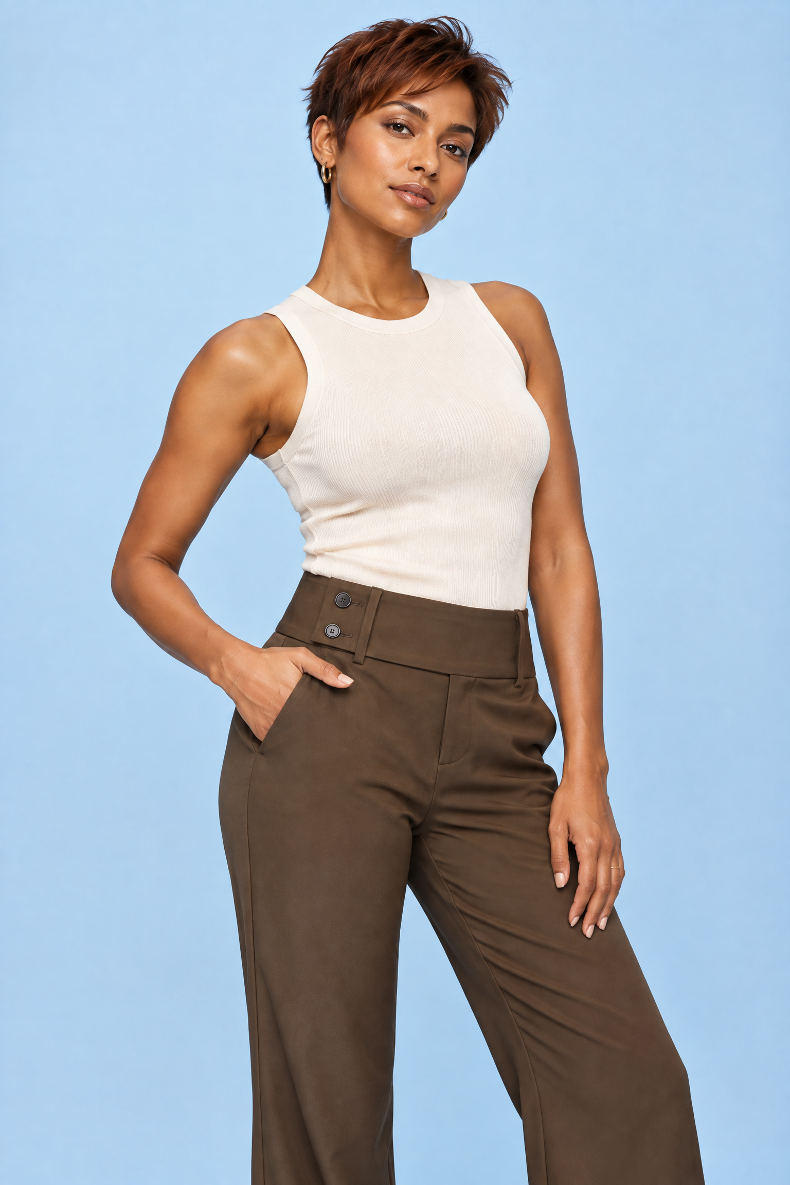 Pantalon marron large à taille basse | Vue rapprochée | Lounelle Paris