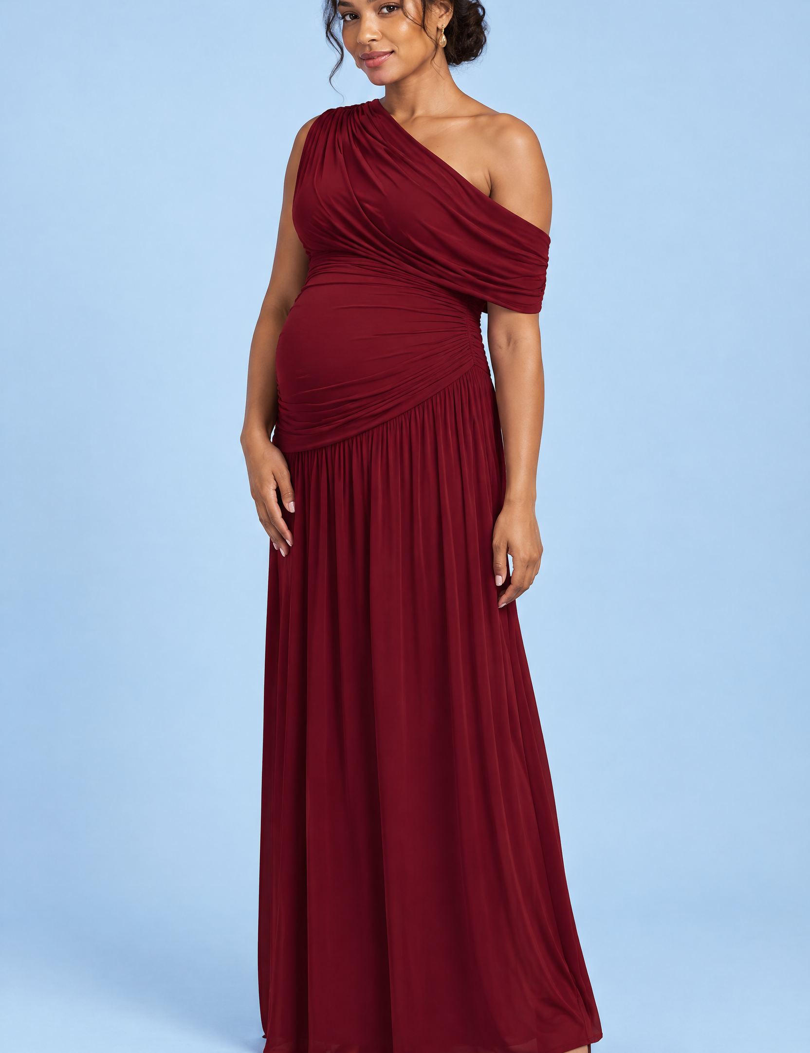 Robe longue de grossesse bordeaux à encolure asymétrique et taille basse | Vue de face | Lounelle Paris