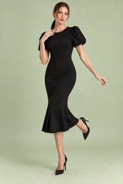 Robe midi noire à manches bouffantes | Vue en mouvement | Lounelle Paris