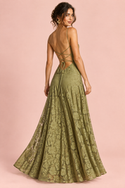Robe longue fleurie olive à col bénitier | Vue de dos | Lounelle Paris
