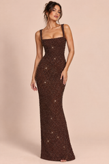 Abito lungo con paillettes marrone