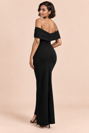 Robe longue noire style Bardot, nœud et fente haute | Vue de dos | Lounelle Paris