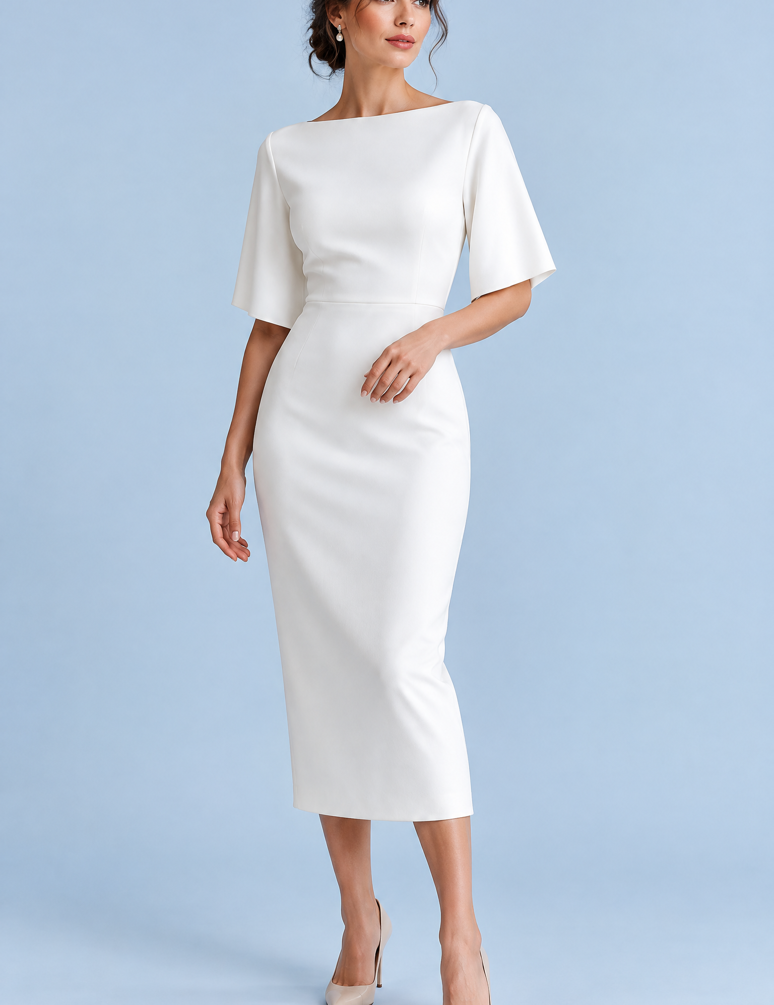 Robe midi blanche avec cape amovible | Vue de face | Lounelle Paris