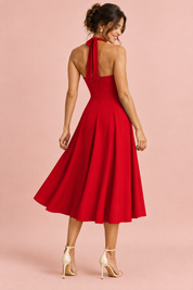 Robe midi patineuse rouge à col américain | Vue de dos | Lounelle Paris