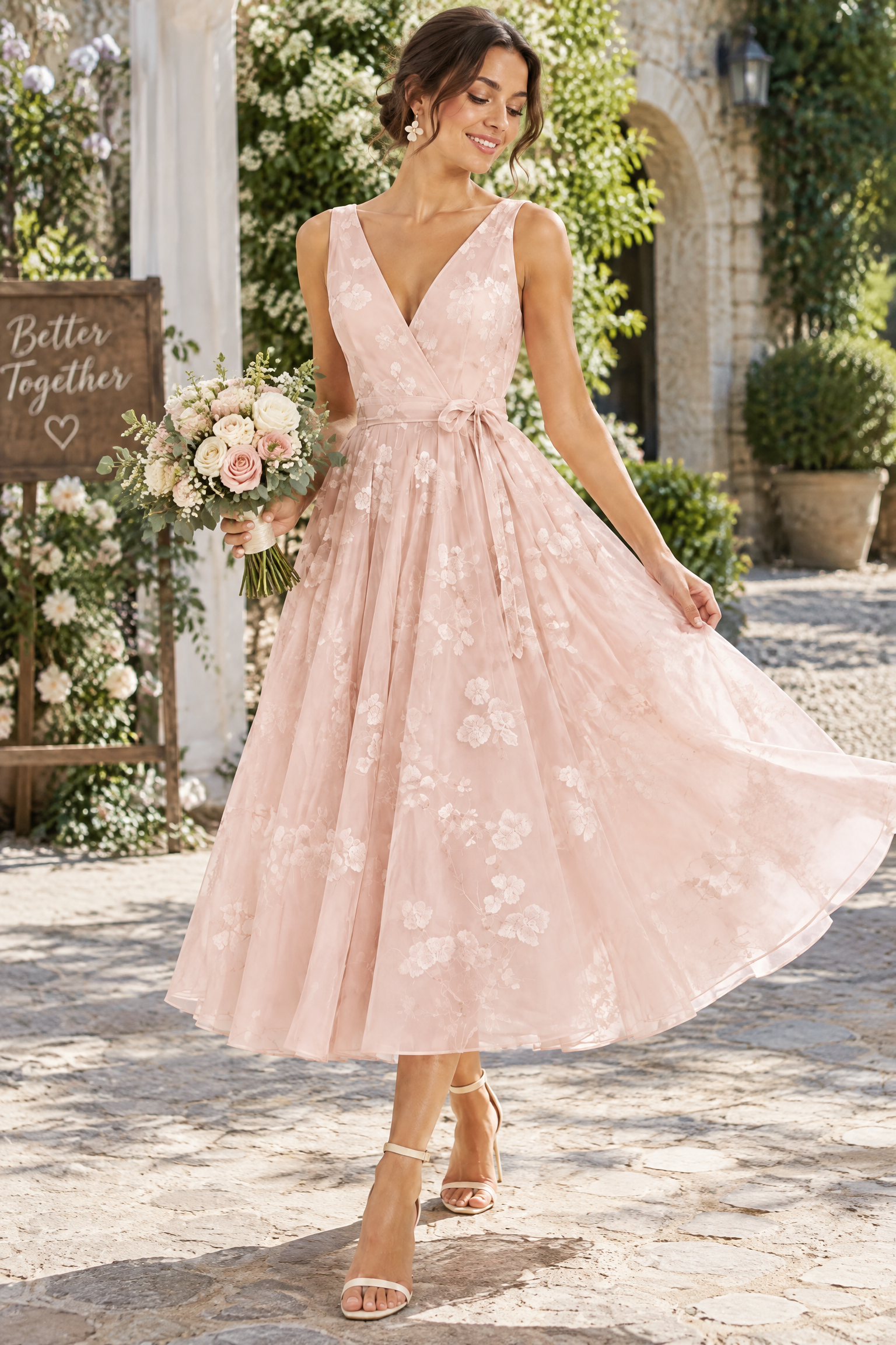 Robe midi fleurie rose clair à la coupe patineuse | Photo lifestyle | Lounelle Paris