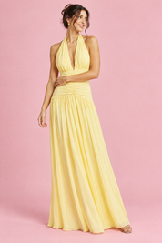 Robe longue jaune à décolleté plongeant et détails froncés | Vue de dos | Lounelle Paris