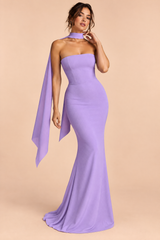 Abito lungo viola senza spalline con scollo a fascia e linea a sirena