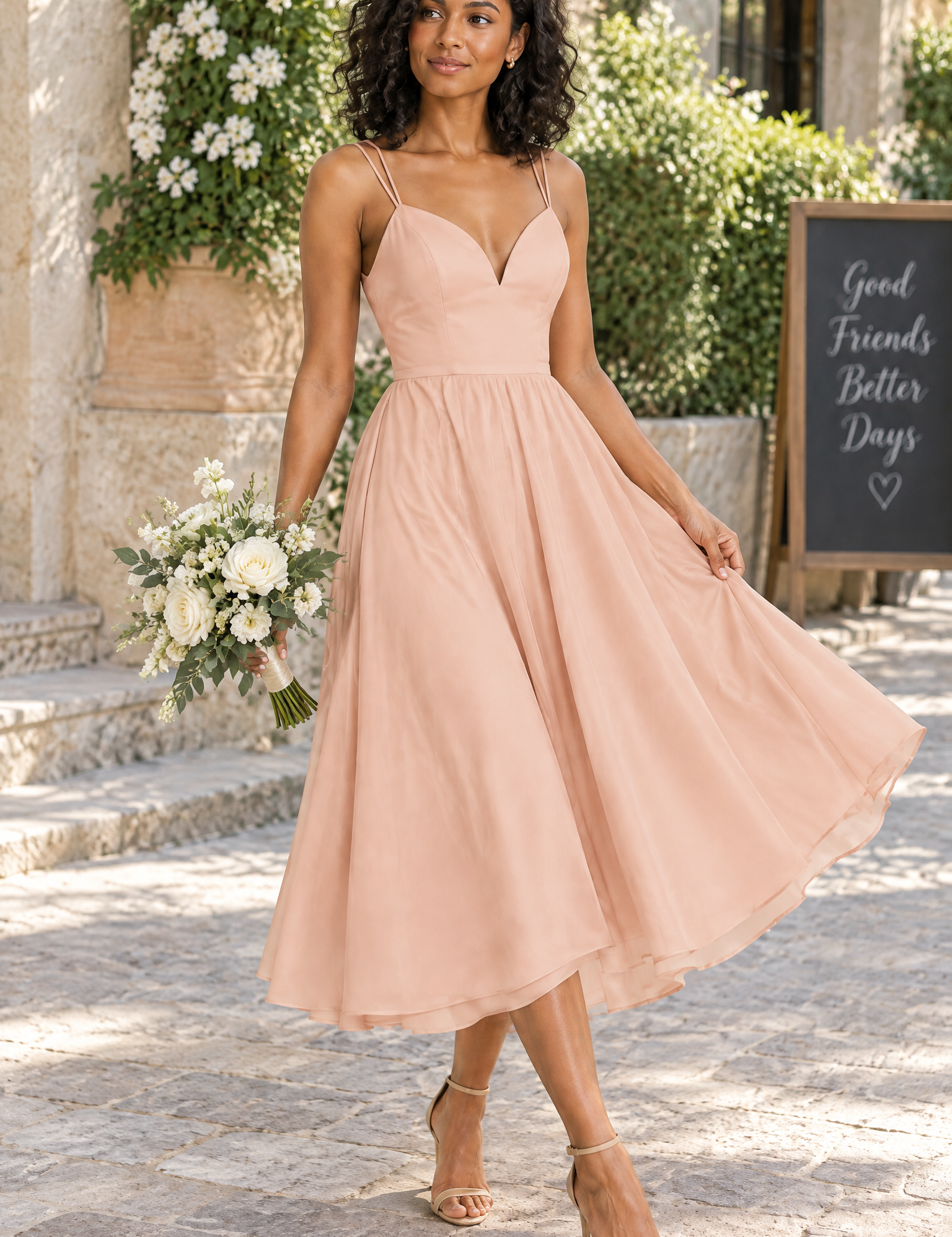 Robe midi beige à fines bretelles et jupe ample | Photo lifestyle | Lounelle Paris
