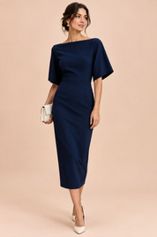 Robe midi bleu marine avec cape amovible | Vue de face | Lounelle Paris