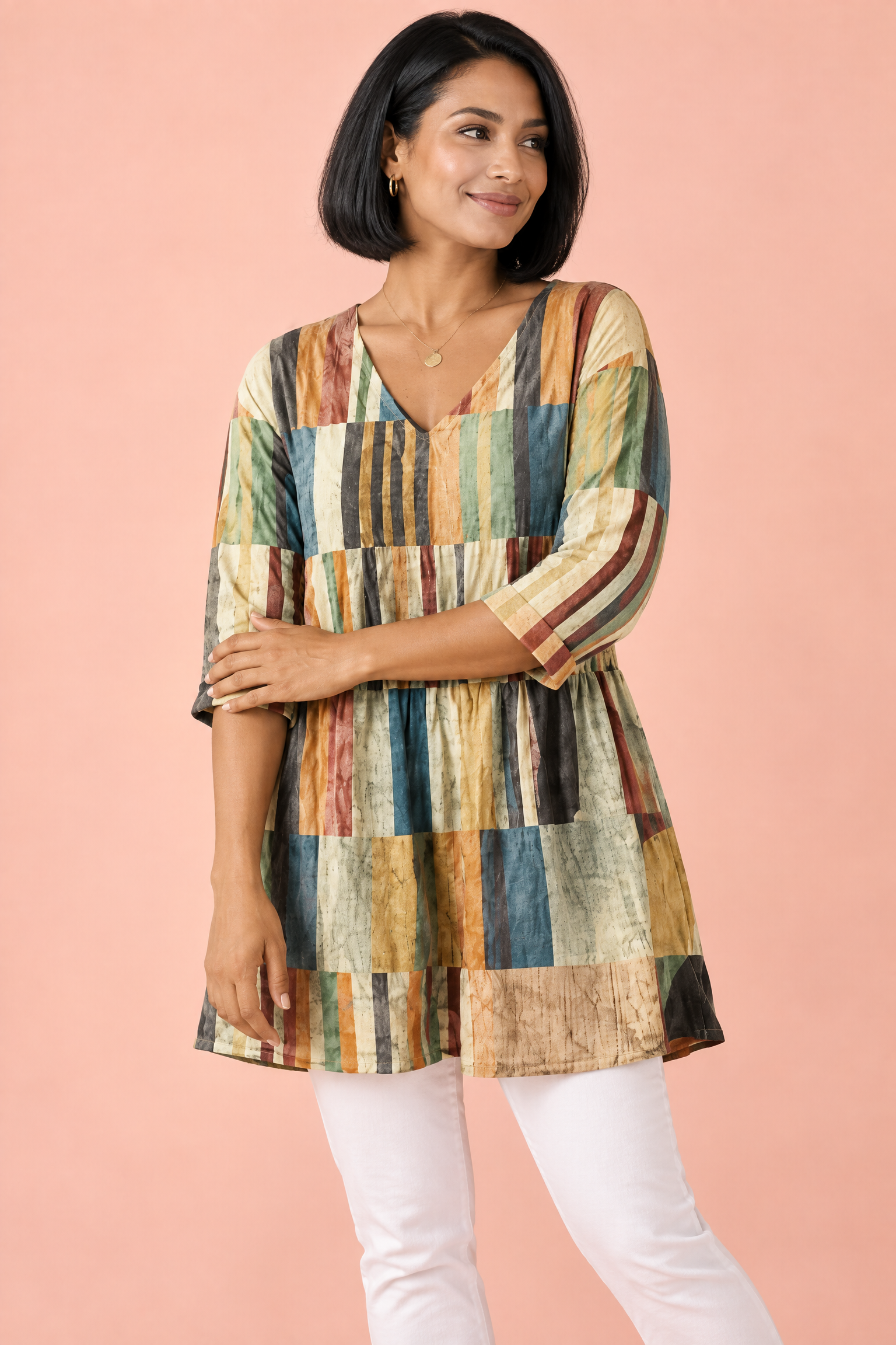 Tunique rayée à col V beige | Vue rapprochée | Lounelle Paris