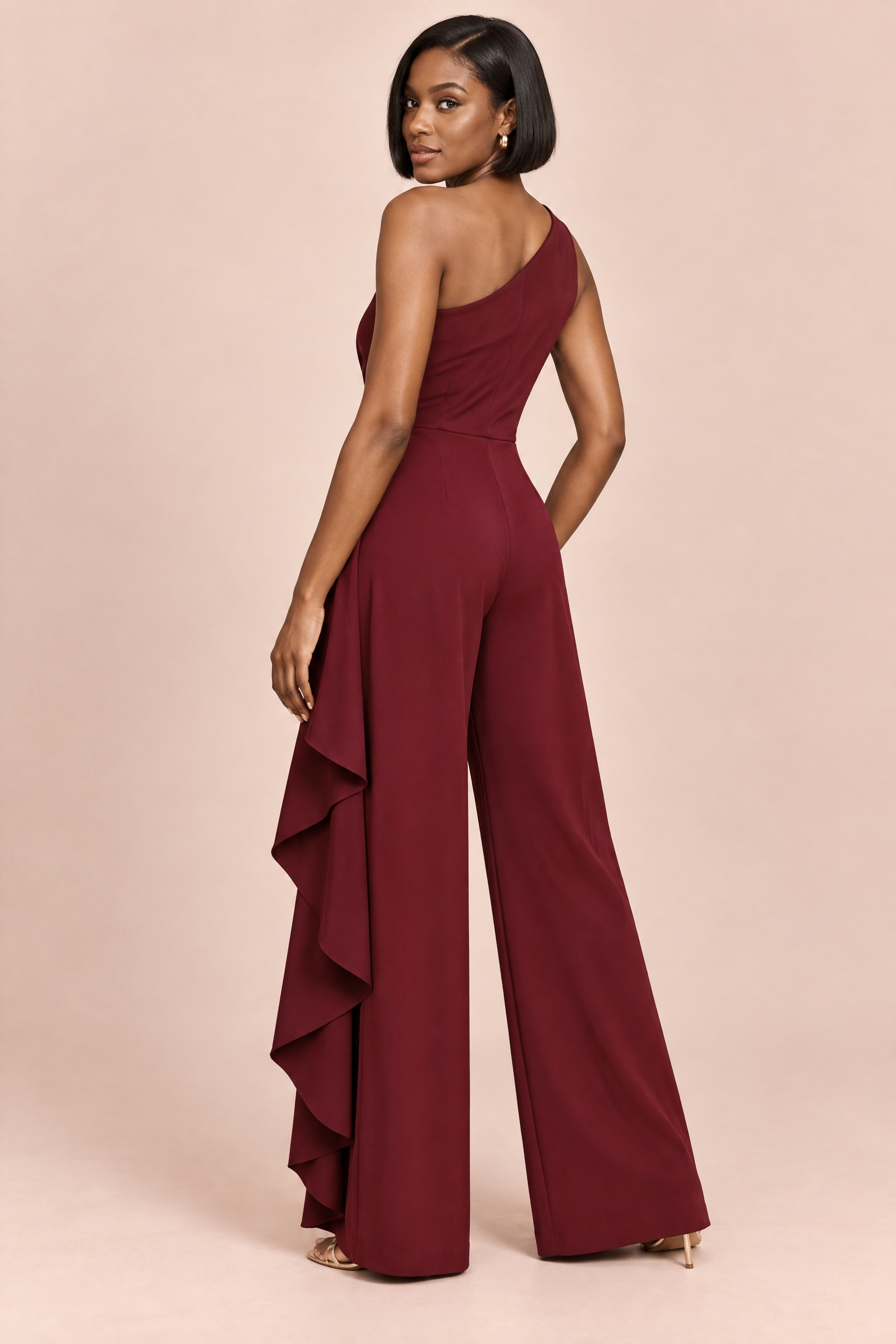 Combinaison pantalon bordeaux à encolure carrée festonnée | Vue de dos | Lounelle Paris
