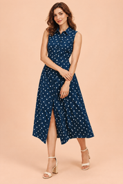 Robe midi bleu marine à pois et dos nu | Vue de face | Lounelle Paris