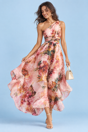Robe rose fleurie à une épaule | Vue de face | Lounelle Paris