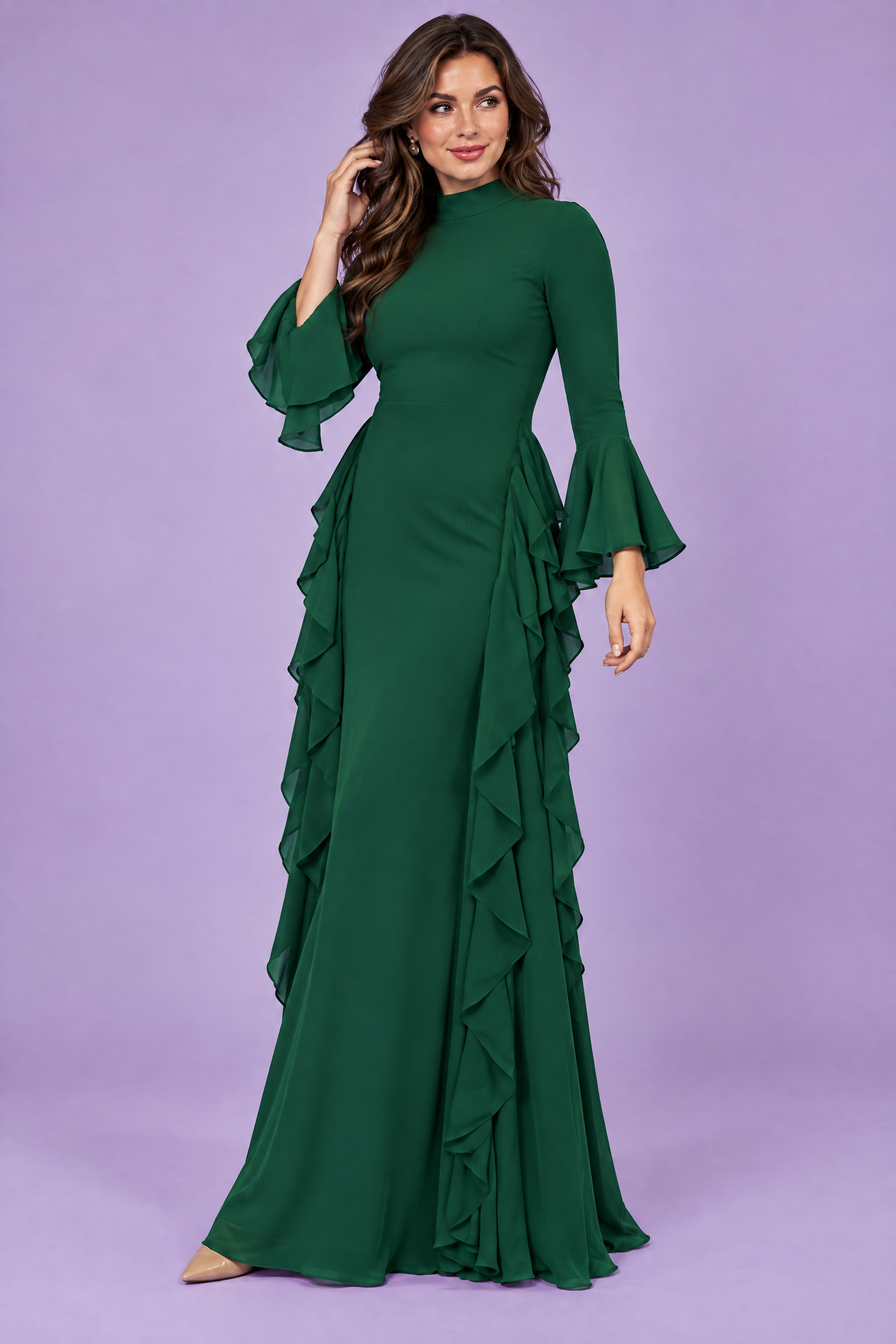 Robe longue verte à volants et manches cloche | Porté sur une autre silhouette | Lounelle Paris