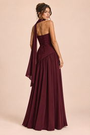 Robe longue bordeaux à encolure asymétrique | Vue de dos | Lounelle Paris