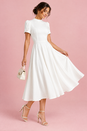 Robe midi blanche à col montant et manches bouffantes | Vue de dos | Lounelle Paris