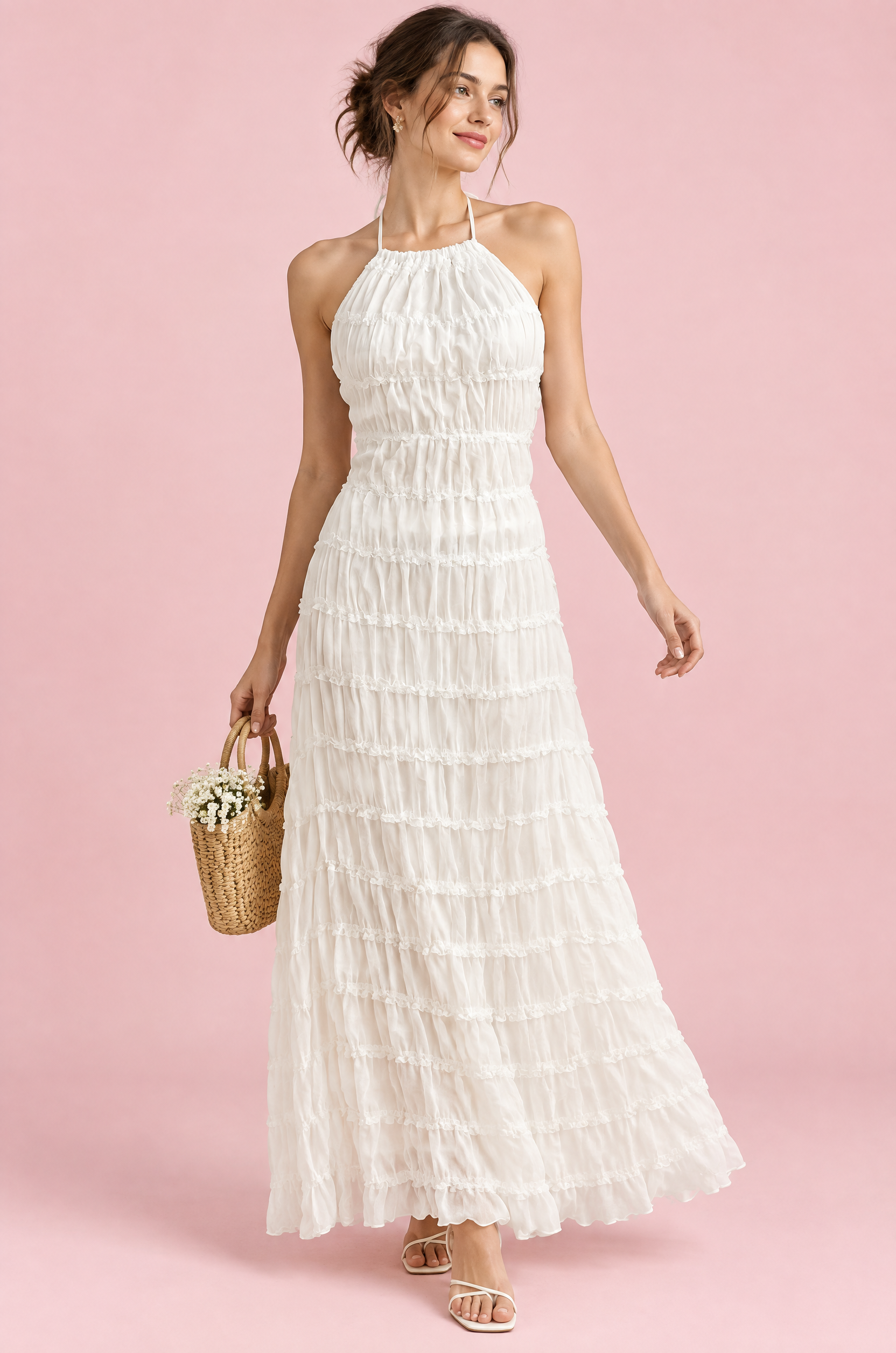Robe longue plissée blanche | Vue de face | Lounelle Paris