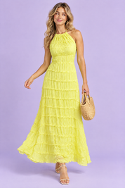 Robe longue plissée jaune | Vue en mouvement | Lounelle Paris