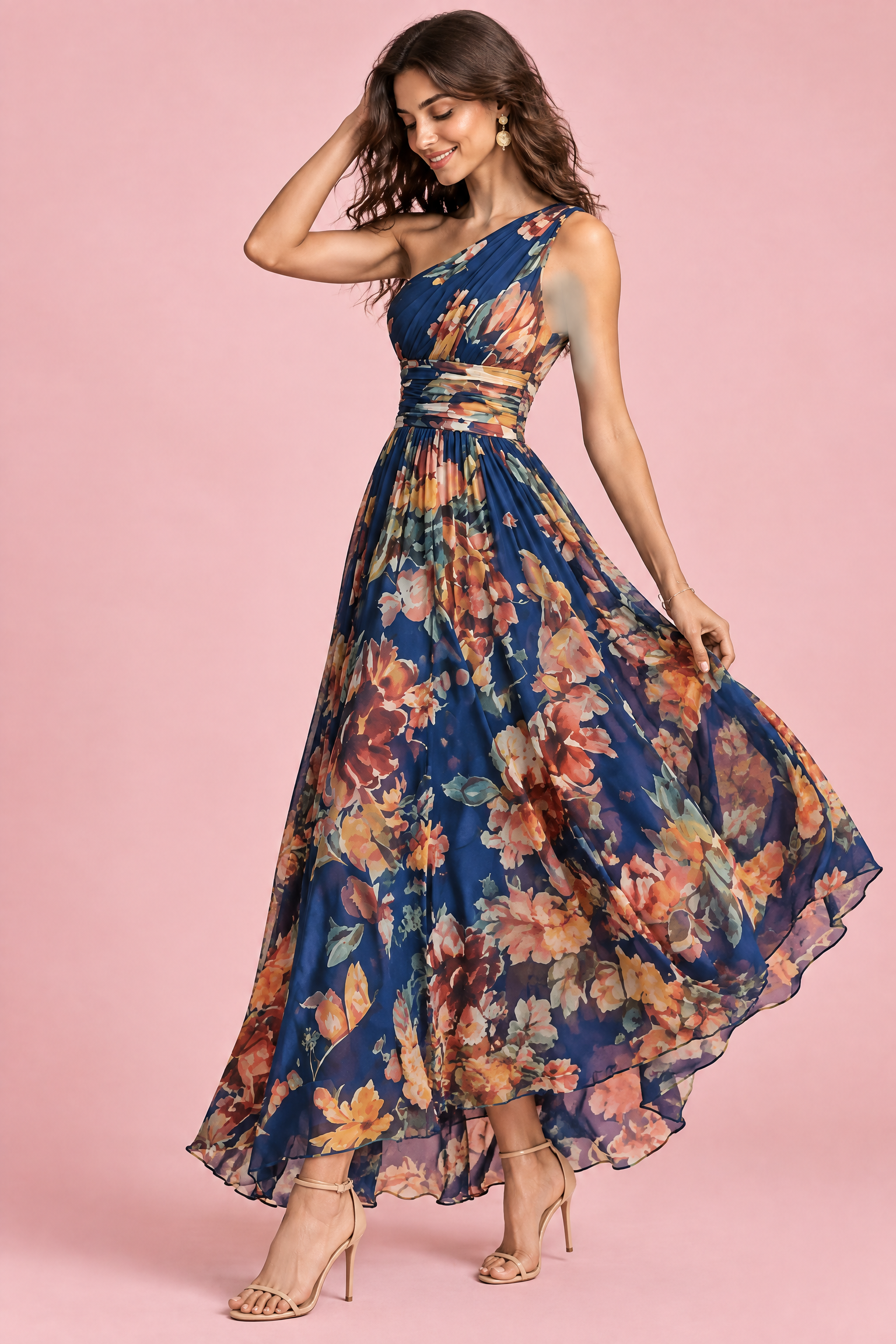 Robe bleue fleurie à une épaule | Vue de dos | Lounelle Paris