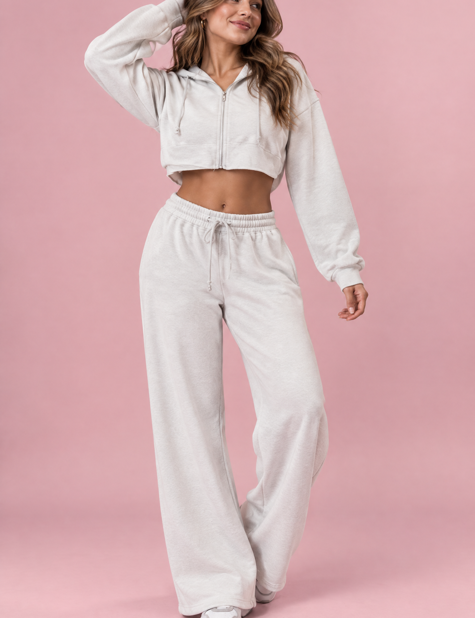 Ensemble écru avec sweat zippé court | Vue de face | Lounelle Paris